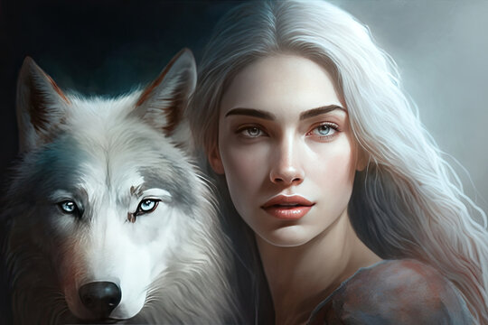 young woman with white hair and a white wolf