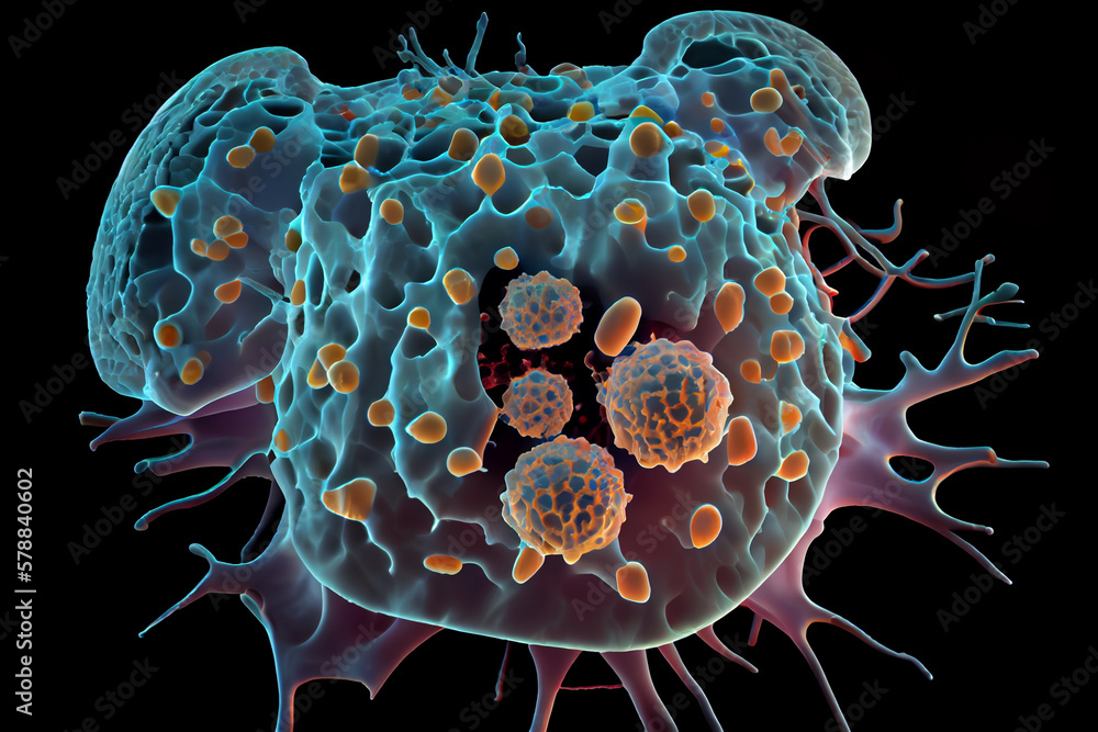Poster depicting cancerous cells invading and attacking healthy brain tissue, showing the destructive natur