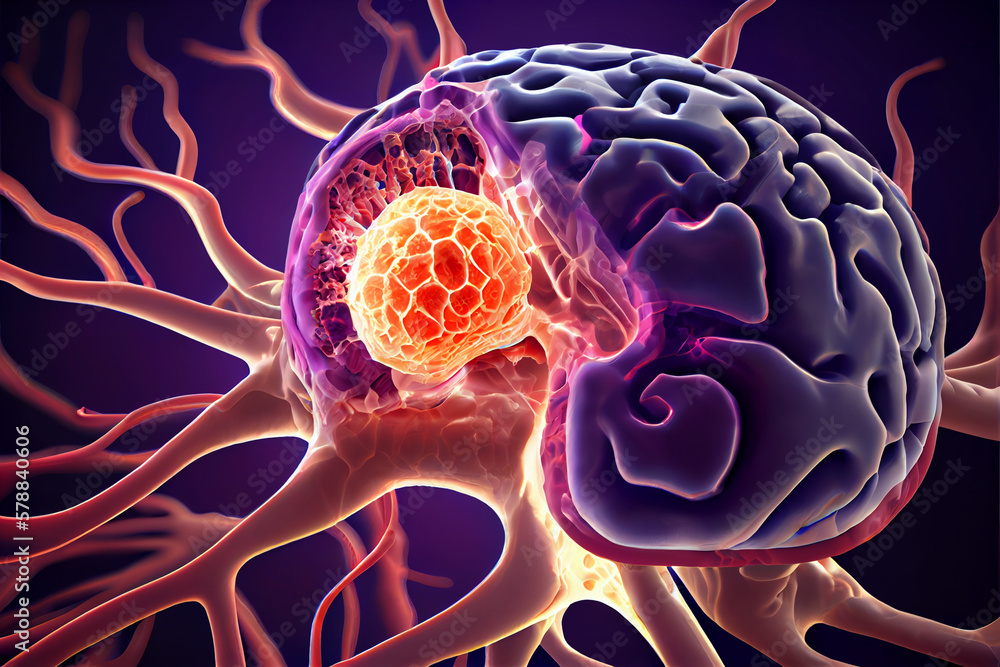 Poster depicting cancerous cells invading and attacking healthy brain tissue, showing the destructive natur