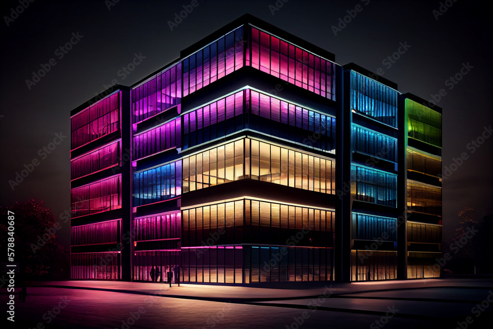 Poster modern office building at night, with the exterior illuminated by colorful lights and accent feature