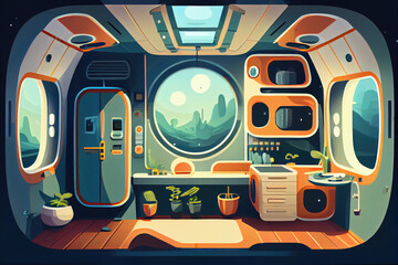 A cartoon vector illustration of the interior of the crew compartment of a futuristic spaceship.