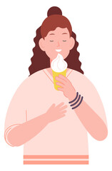 Girl eat sweet ice cream soft waffle cone