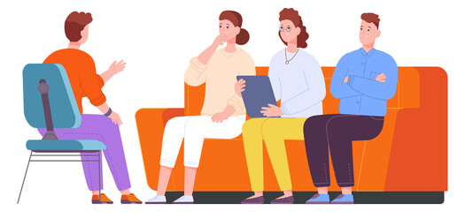 Family psychotherapy. People sit on couch and talking with psychologist