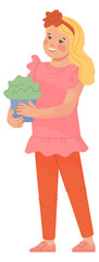 Smiling girl hold flowerpot with green natural plant