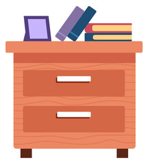 Wooden drawer chest with books. Nightstand furniture