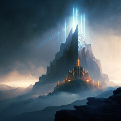 Citadel on a mountain landscape with highlighted features and fog in the forefront.  Created with Generative AI tools.