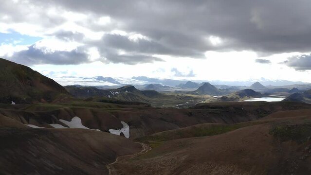Aerial: Top Famous Laugavegur Hike Trail Iceland Magnificent Highlands Colorful Mountains Gloomy Moody Day Landmanalaugar 