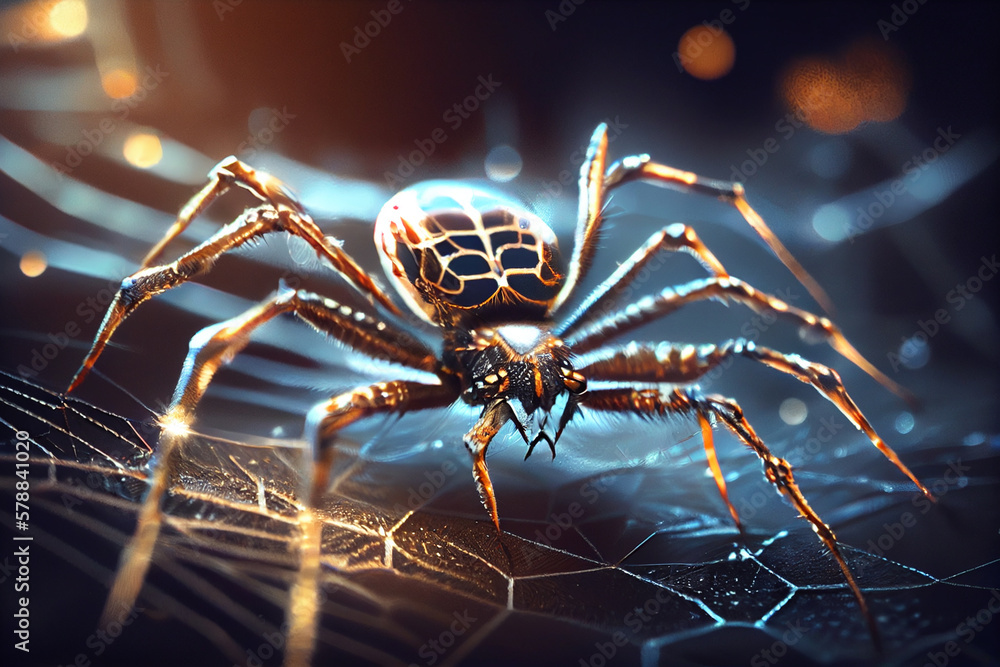 Poster A close-up image of a spider weaving its web, with the spider's body and legs in sharp focus and the web itself appearing as a delicate, glistening mesh in the background.Generative AI technology