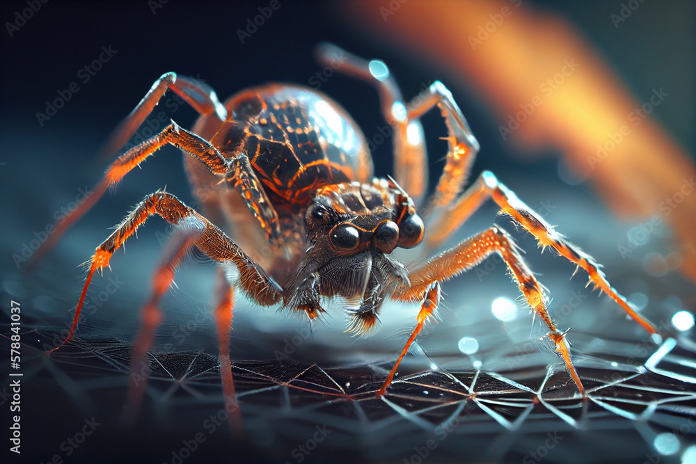 Poster A close-up image of a spider weaving its web, with the spider's body and legs in sharp focus and the web itself appearing as a delicate, glistening mesh in the background.Generative AI technology