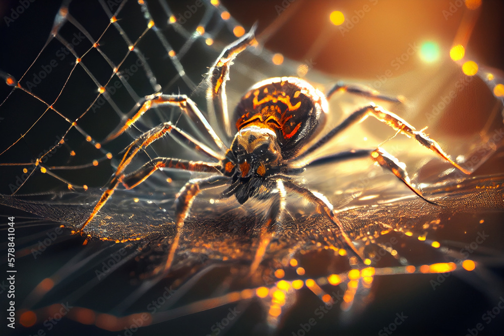 Poster A close-up image of a spider weaving its web, with the spider's body and legs in sharp focus and the web itself appearing as a delicate, glistening mesh in the background.Generative AI technology