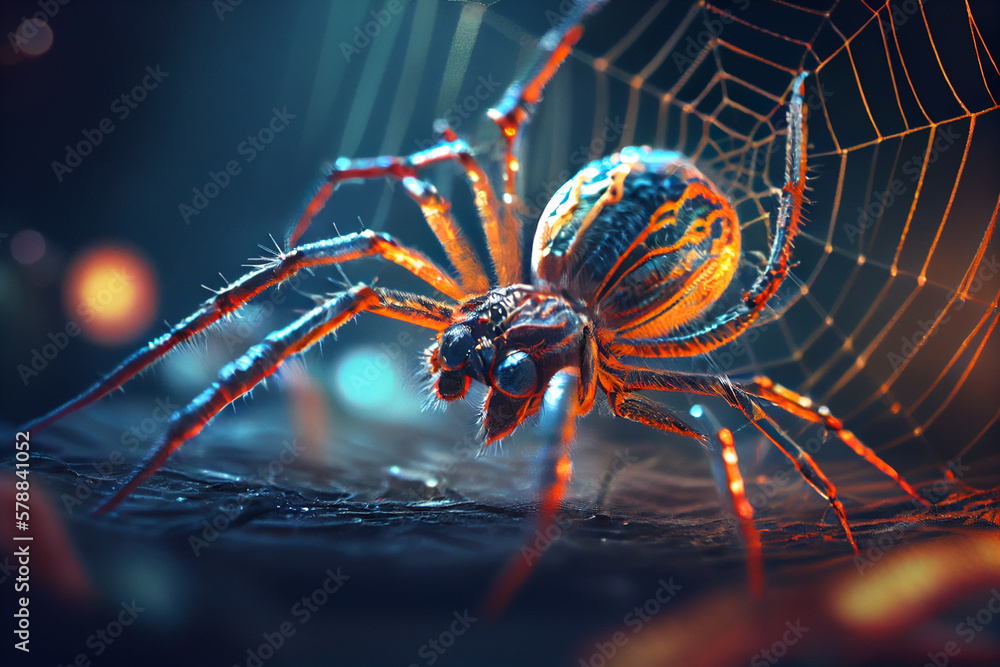Poster A close-up image of a spider weaving its web, with the spider's body and legs in sharp focus and the web itself appearing as a delicate, glistening mesh in the background.Generative AI technology