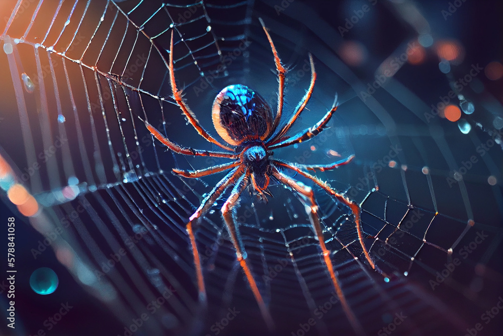 Poster A close-up image of a spider weaving its web, with the spider's body and legs in sharp focus and the web itself appearing as a delicate, glistening mesh in the background.Generative AI technology