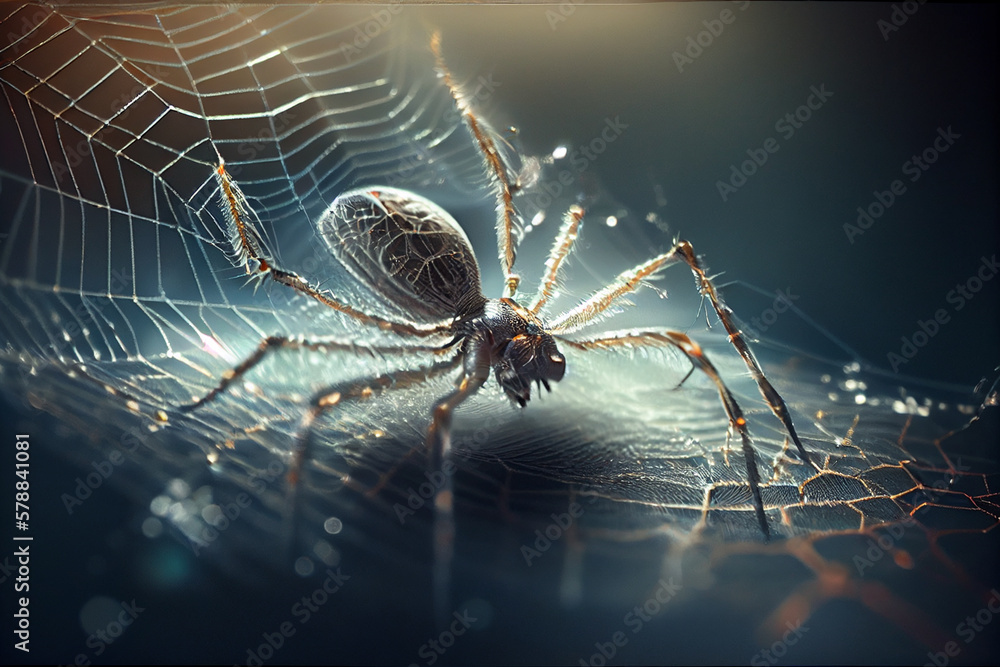 Poster A close-up image of a spider weaving its web, with the spider's body and legs in sharp focus and the web itself appearing as a delicate, glistening mesh in the background.Generative AI technology