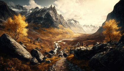 a path leads to the valley, beautiful view to the mountains