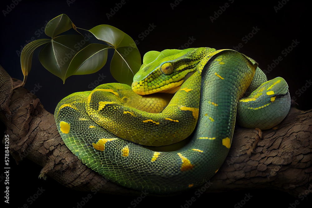 Poster green tree python curled up on a branch, with its distinctive green and yellow scales on display. Generative AI technology