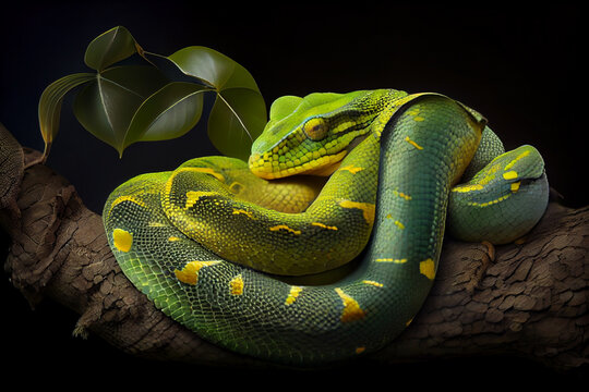 green tree python curled up on a branch, with its distinctive green and yellow scales on display. Generative AI technology