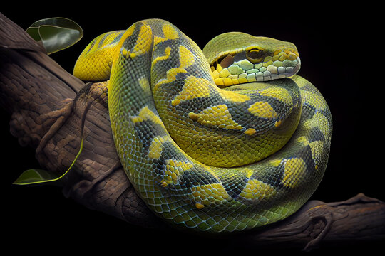 green tree python curled up on a branch, with its distinctive green and yellow scales on display. Generative AI technology