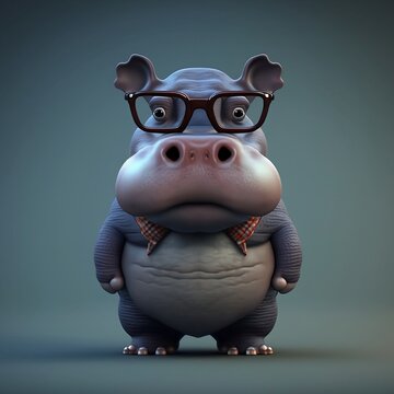 Cute cartoon character hippopotamus. Cartoon hippo. Begimot. Cartoon hippopotamus on a colorful background. Cartoon hippopotamus with cute eyes. Generative AI.