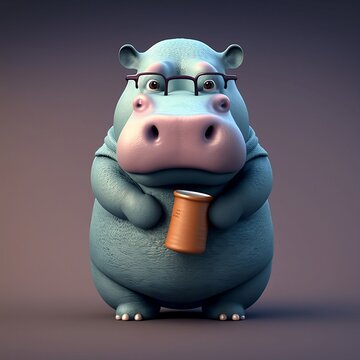 Cute cartoon character hippopotamus. Cartoon hippo. Begimot. Cartoon hippopotamus on a colorful background. Cartoon hippopotamus with cute eyes. Generative AI.