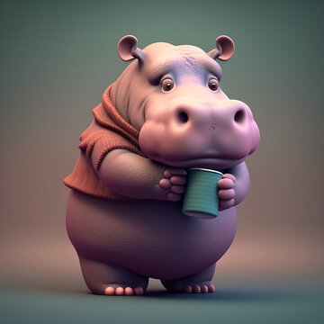 Cute cartoon character hippopotamus. Cartoon hippo. Begimot. Cartoon hippopotamus on a colorful background. Cartoon hippopotamus with cute eyes. Generative AI.