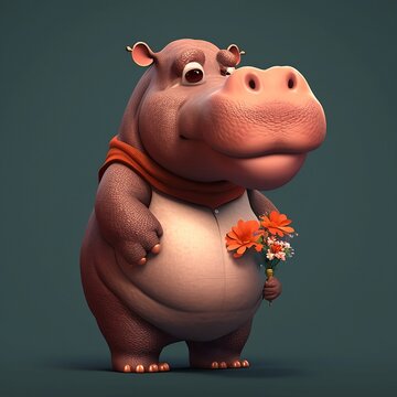 Cute cartoon character hippopotamus. Cartoon hippo. Begimot. Cartoon hippopotamus on a colorful background. Cartoon hippopotamus with cute eyes. Generative AI.
