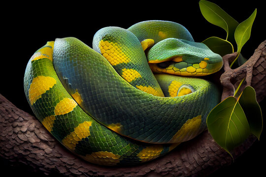 green tree python curled up on a branch, with its distinctive green and yellow scales on display. Generative AI technology