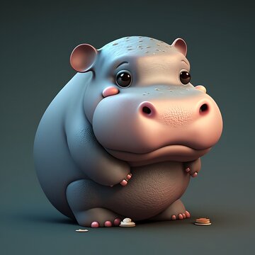 Cute cartoon character hippopotamus. Cartoon hippo. Begimot. Cartoon hippopotamus on a colorful background. Cartoon hippopotamus with cute eyes. Generative AI.