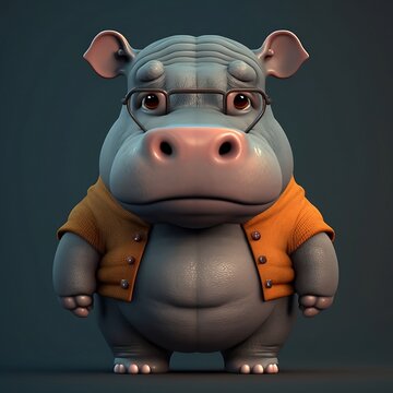 Cute cartoon character hippopotamus. Cartoon hippo. Begimot. Cartoon hippopotamus on a colorful background. Cartoon hippopotamus with cute eyes. Generative AI.