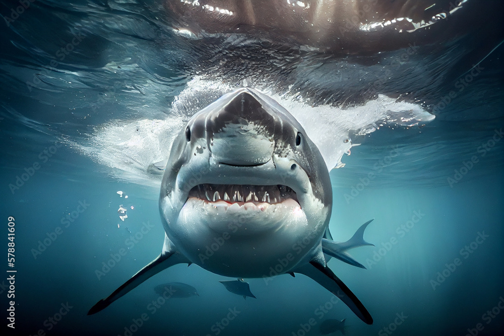 Poster great white shark swimming towards the camera with its jaws open. the shark's teeth are clearly visi