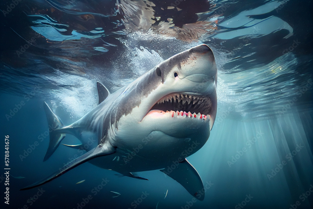 Poster great white shark swimming towards the camera with its jaws open. the shark's teeth are clearly visi