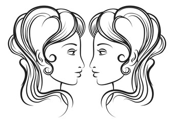 Gemini drawing. Zodiac sign. Two female heads