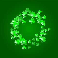 Shamrock background for Saint Patricks Day. Lucky trefoil confetti. Glitter frame of clover leaves.. Template for special business offer, banner, flyer. Merry shamrock background.
