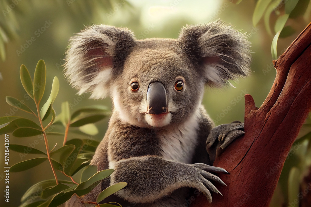 Poster koala perched on a eucalyptus tree, its fluffy ears and big nose easily recognizable, with the lush 