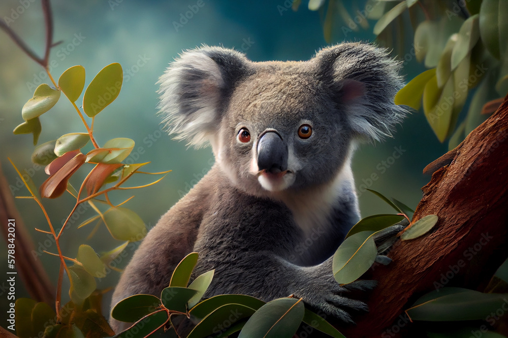 Poster koala perched on a eucalyptus tree, its fluffy ears and big nose easily recognizable, with the lush 