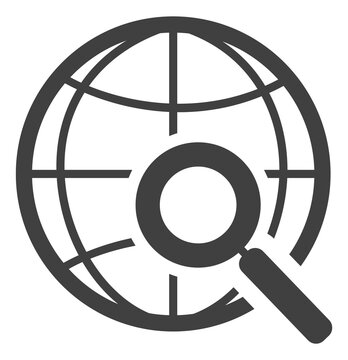 Magnify glass on globe. Worldwide search black icon