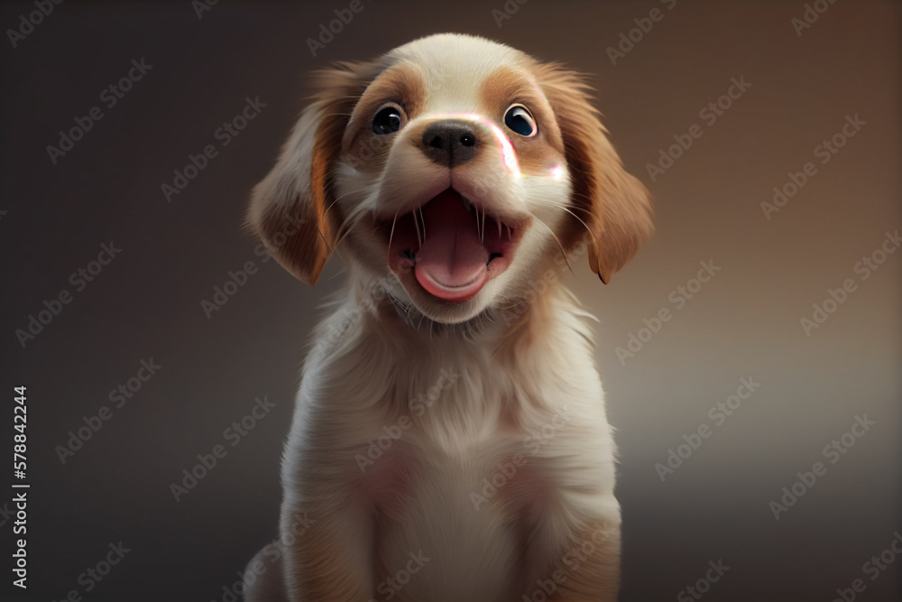 Poster a cute puppy with a wagging tail and a happy expression. generative ai technology.