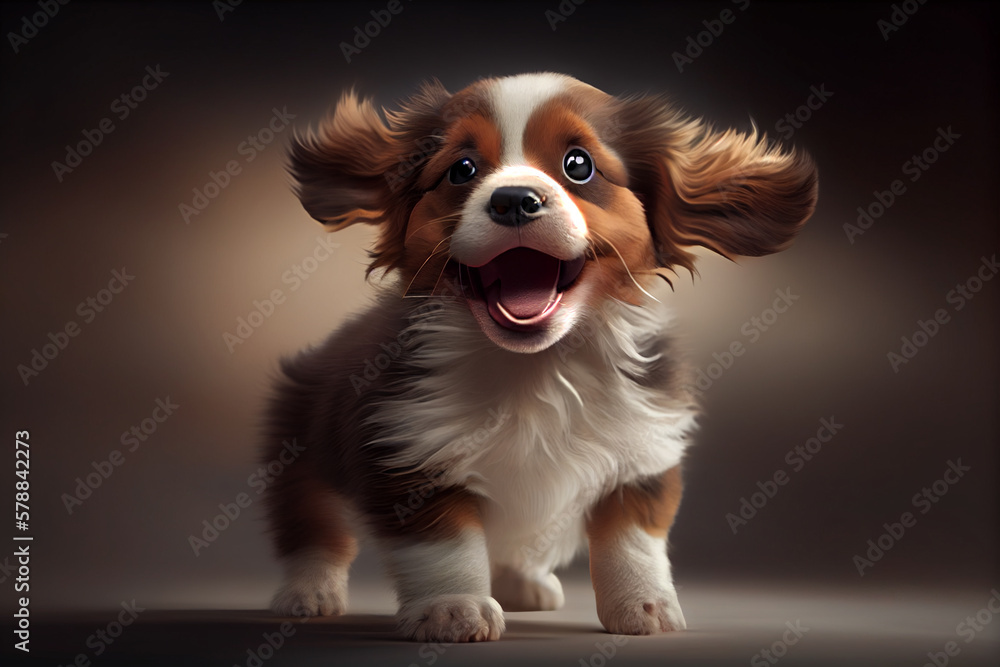 Poster a cute puppy with a wagging tail and a happy expression. generative ai technology.