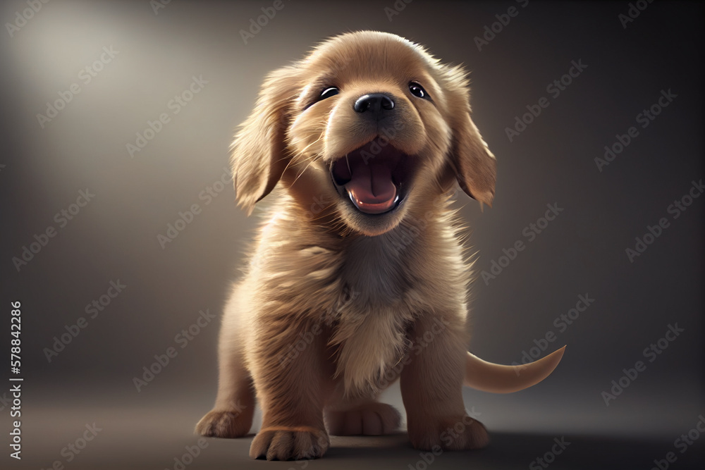Poster A cute puppy with a wagging tail and a happy expression. Generative AI technology.