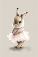 Baby rabbit in tutu. Cute animal ballerina character. Ballet concept for birthday card or shirt designs for girls. Generative AI
