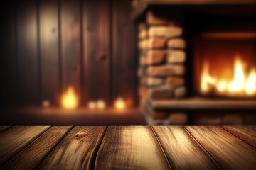 Empty wooden surface with blurred fireplace on background. Product background for montage - obrazy, fototapety, plakaty