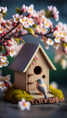 Toy house and cherry flowers for birds, spring concept, generative ai