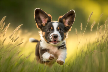 Happy pet dog puppy run in the spring meadow, generative ai - obrazy, fototapety, plakaty