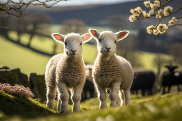 Fototapeta premium Spring lambs in countryside in the spring sunny day, generative ai