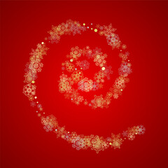 Christmas snow on red background. Glitter frame for seasonal winter banners, gift coupon, voucher, ads, party event. Santa Claus colors with golden Christmas snow. Falling snowflakes for holiday