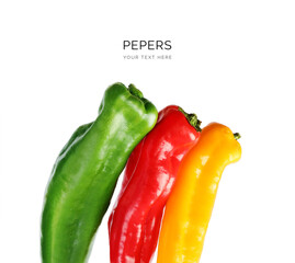 Creative layout made of colourful peppers on white background. Flat lay. Food concept. Macro  concept. Red, green and yellow peppers.