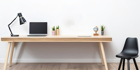 Modern wooden desk with laptop, lamp and plant in office interior. Generative ai