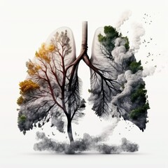 Human lungs with trees, smoke and fire on white background. Generative ai