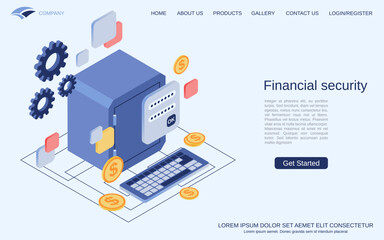 Financial security, money protection, bank account control flat 3d isometric vector concept illustration