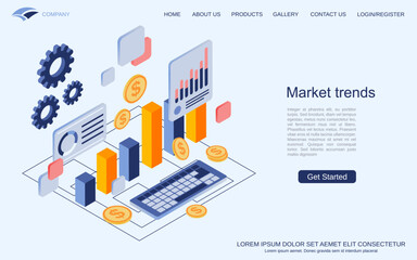 Market trends analysis, financial statistics, business data management flat 3d isometric vector concept illustration