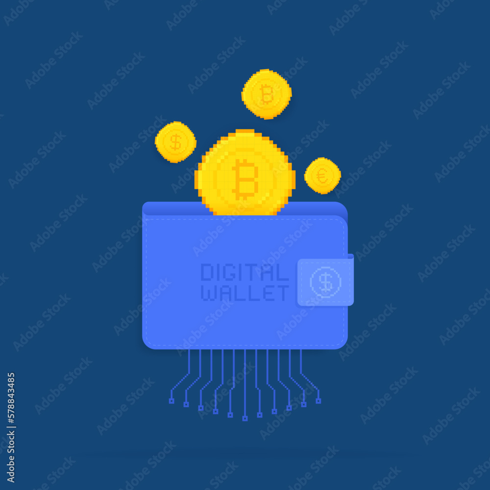 Poster digital wallet with pixel art microcircuit. pixel art coins dropping into wallet. concept of money t